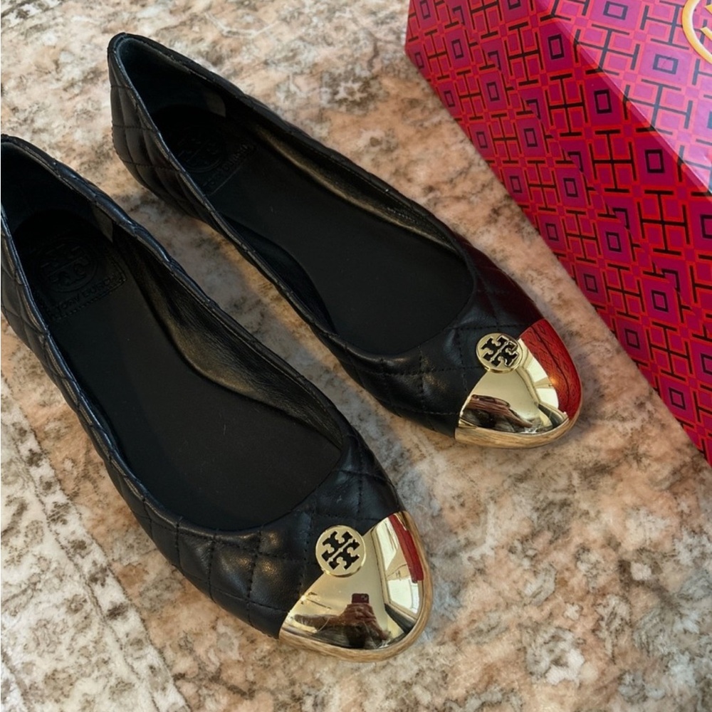 Tory Burch Black Quilted Flats with Gold Toe Cap